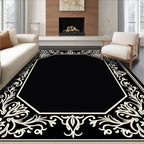 Ornate Black White Floral Frame Rug