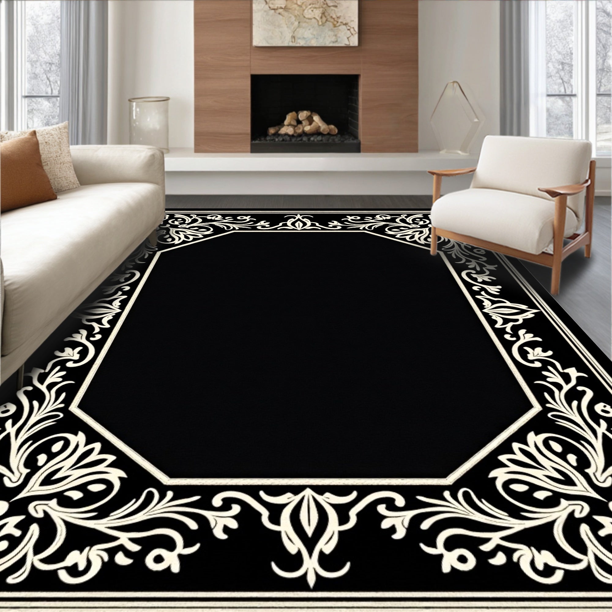 Ornate Black White Floral Frame Rug