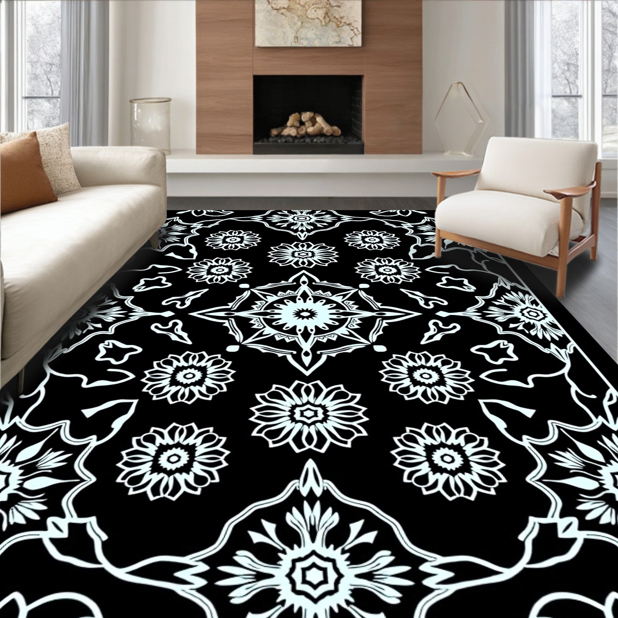 Black White Floral Medallion Rug