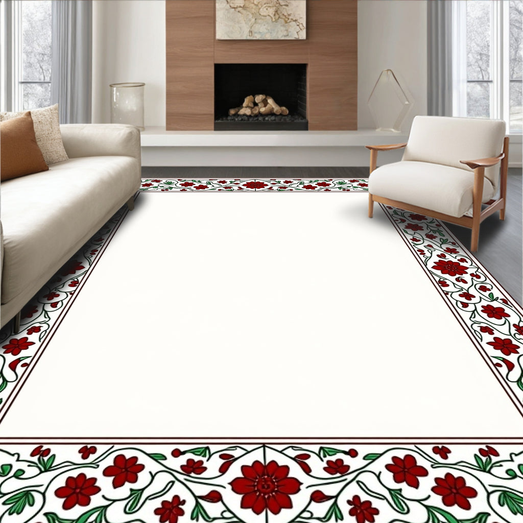 Deep Red Floral Vine Border Rug