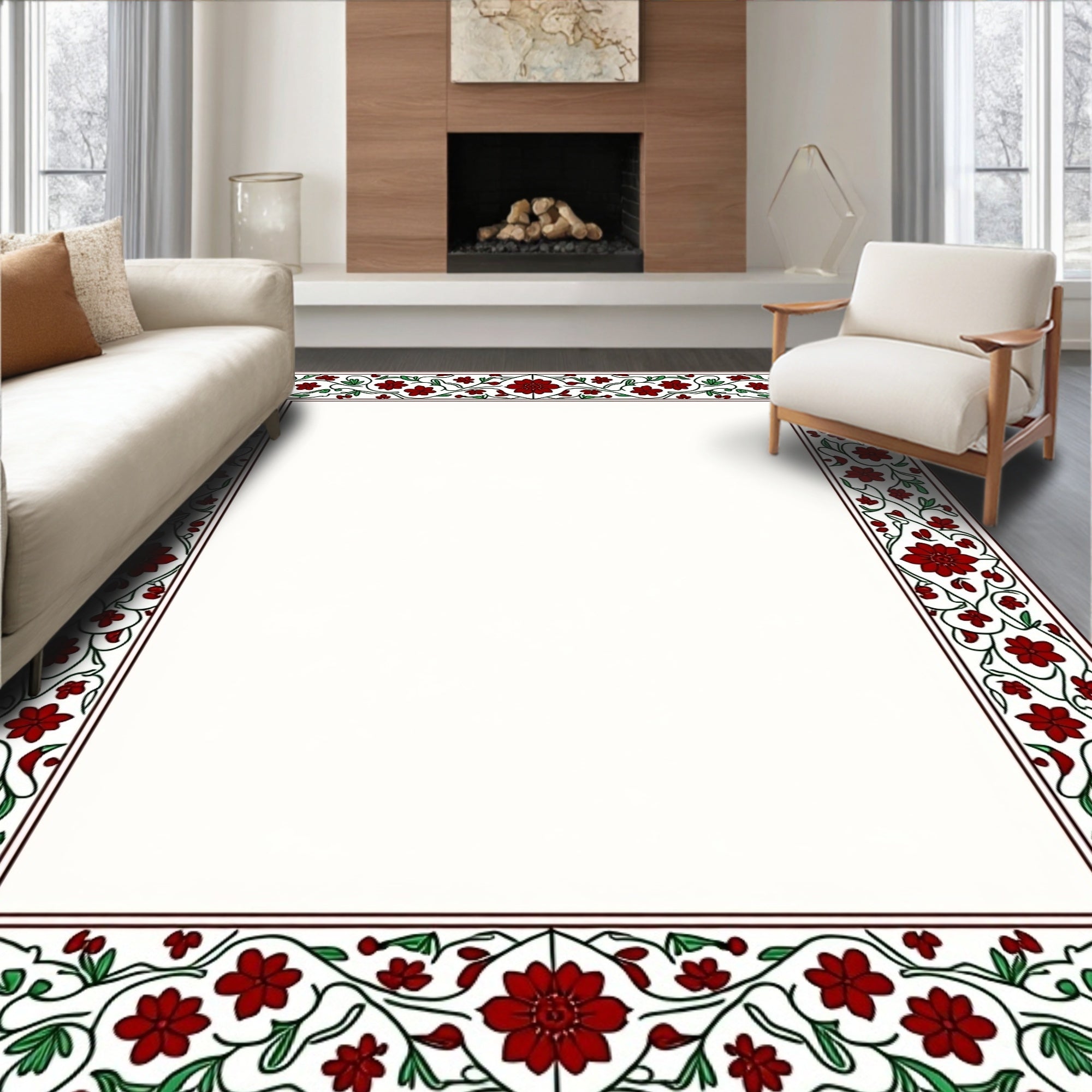 Deep Red Floral Vine Border Rug