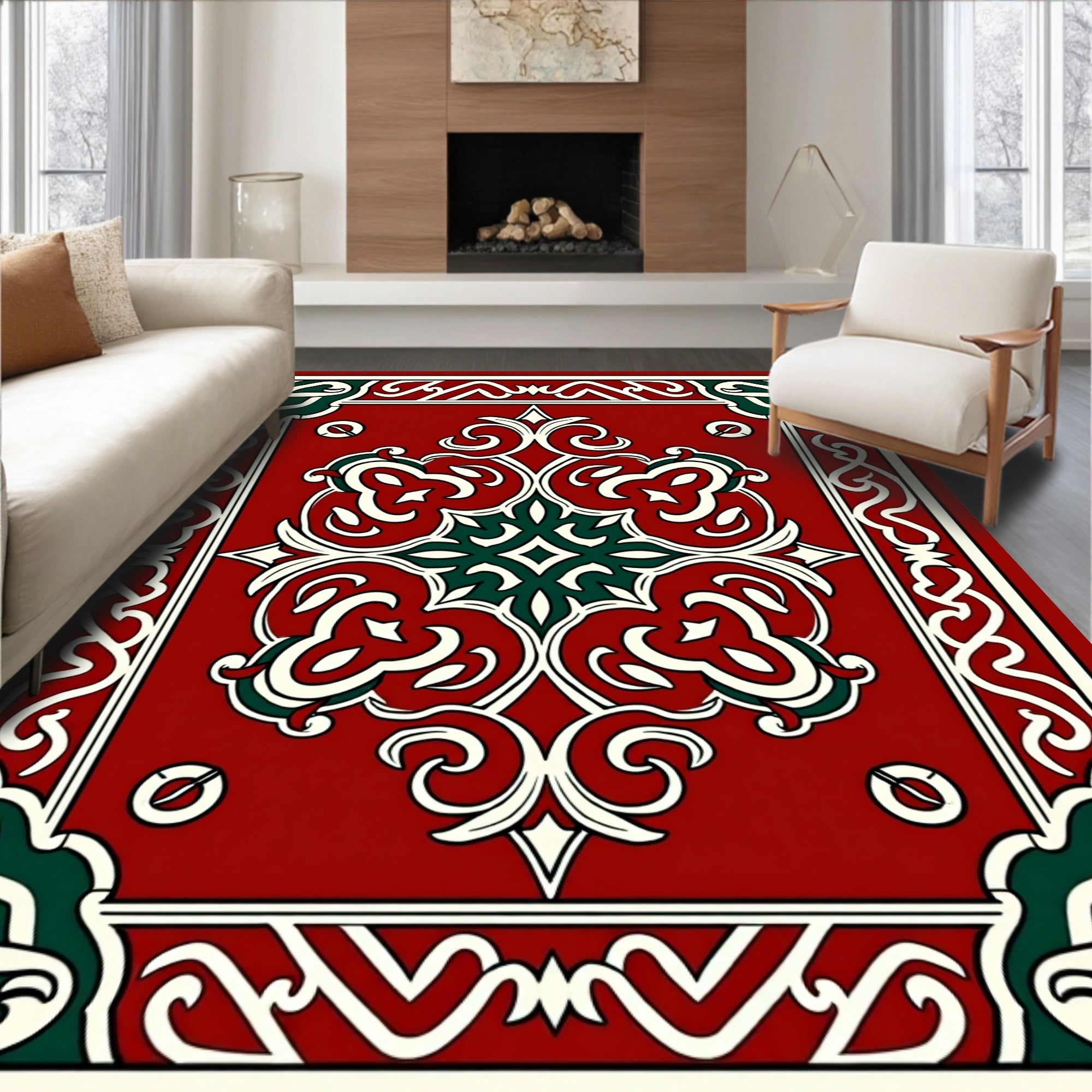 Crimson Red Ornate Scrollwork Rug