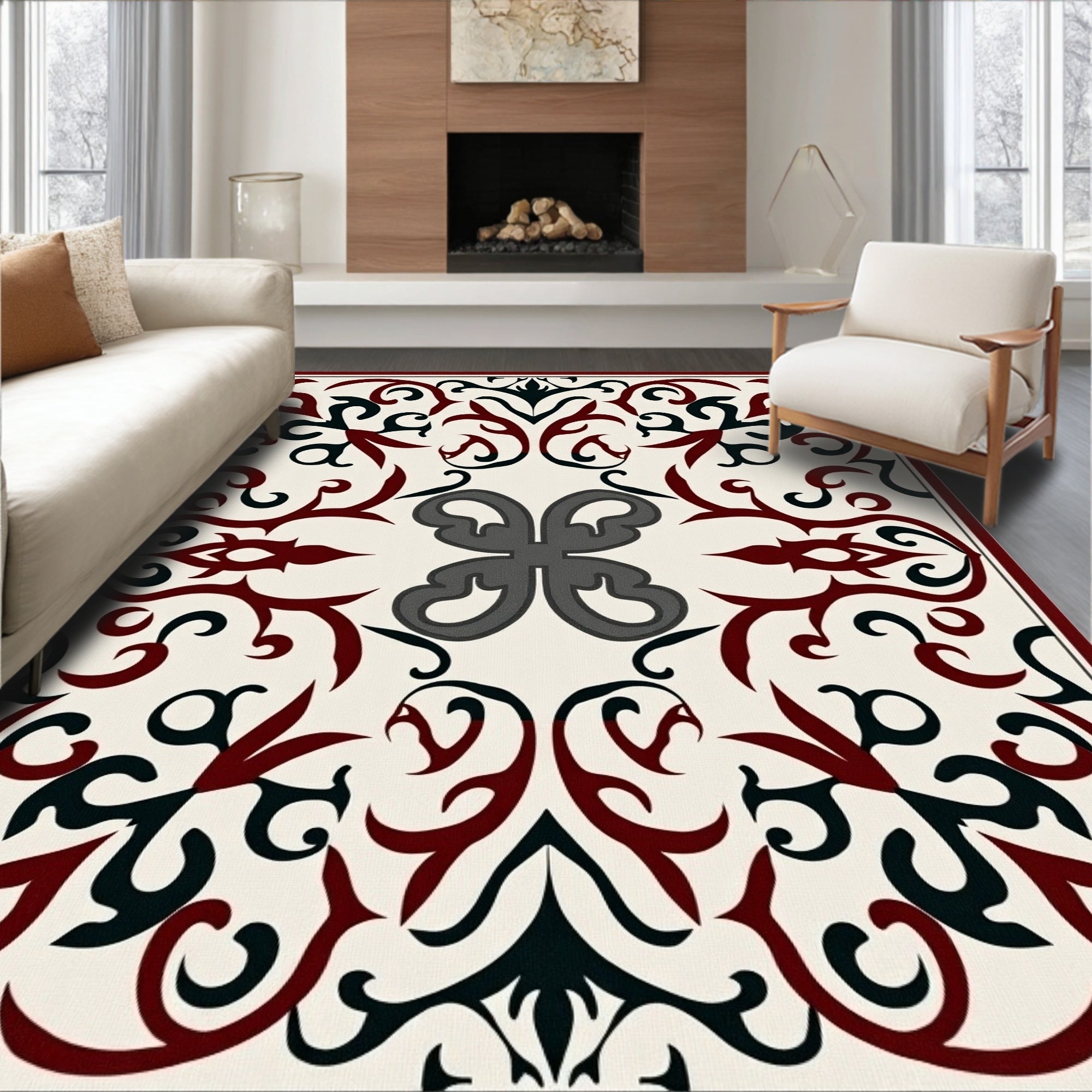 Ornate Crimson Black Filigree Square Rug