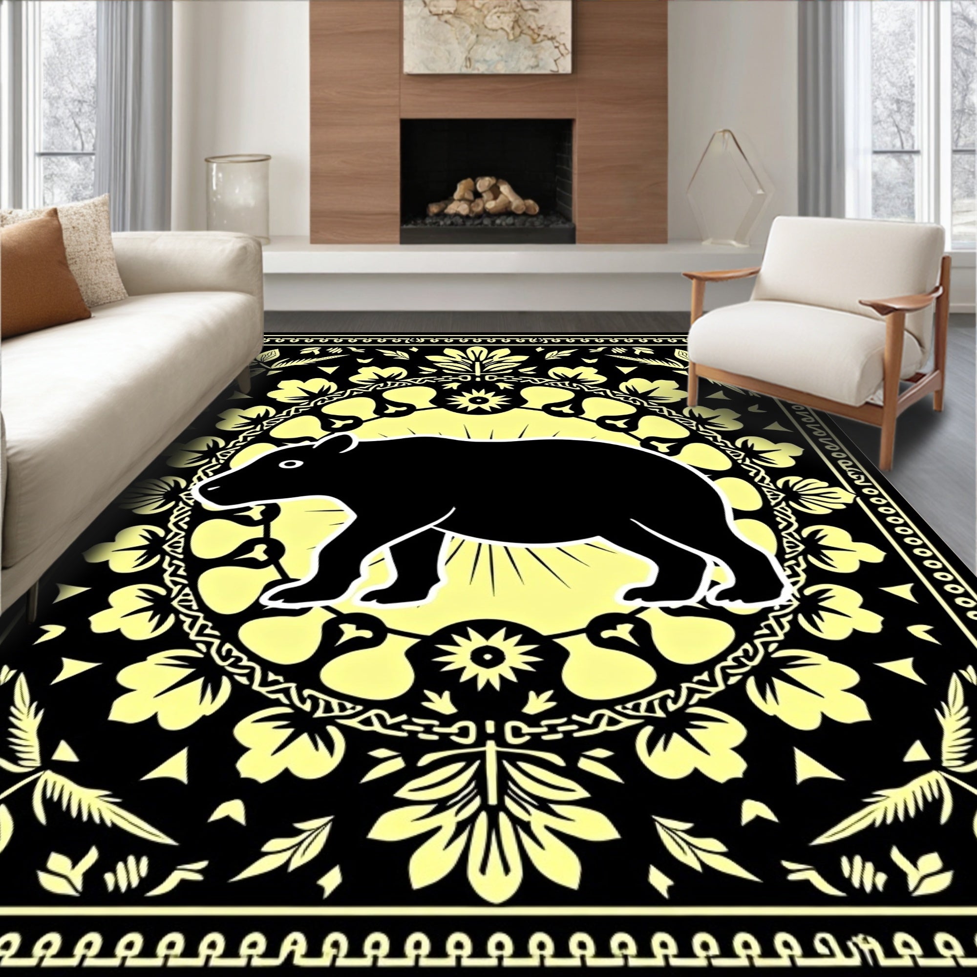 Black Tapir Yellow Floral Border Rug