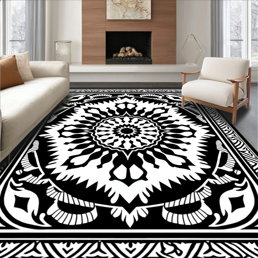 Bold Black Radiant Medallion Art Rug