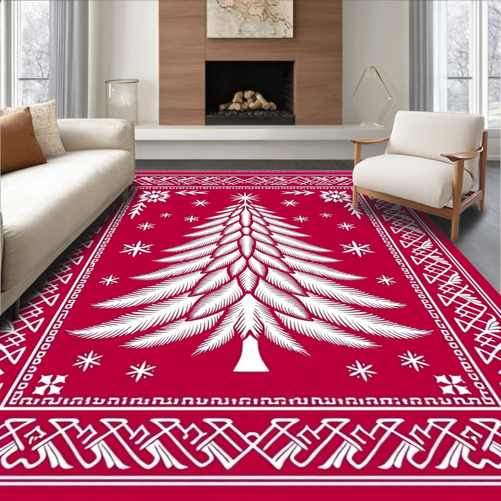 Crimson white pine tree snowflakes border Rug