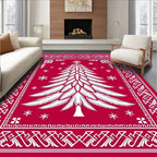Crimson white pine tree snowflakes border Rug