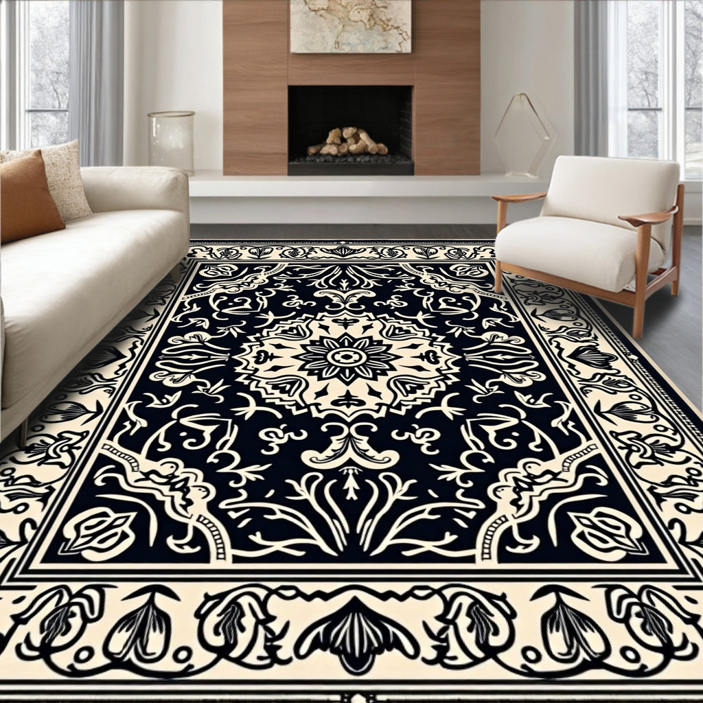Classic Black Cream Medallion Border Rug