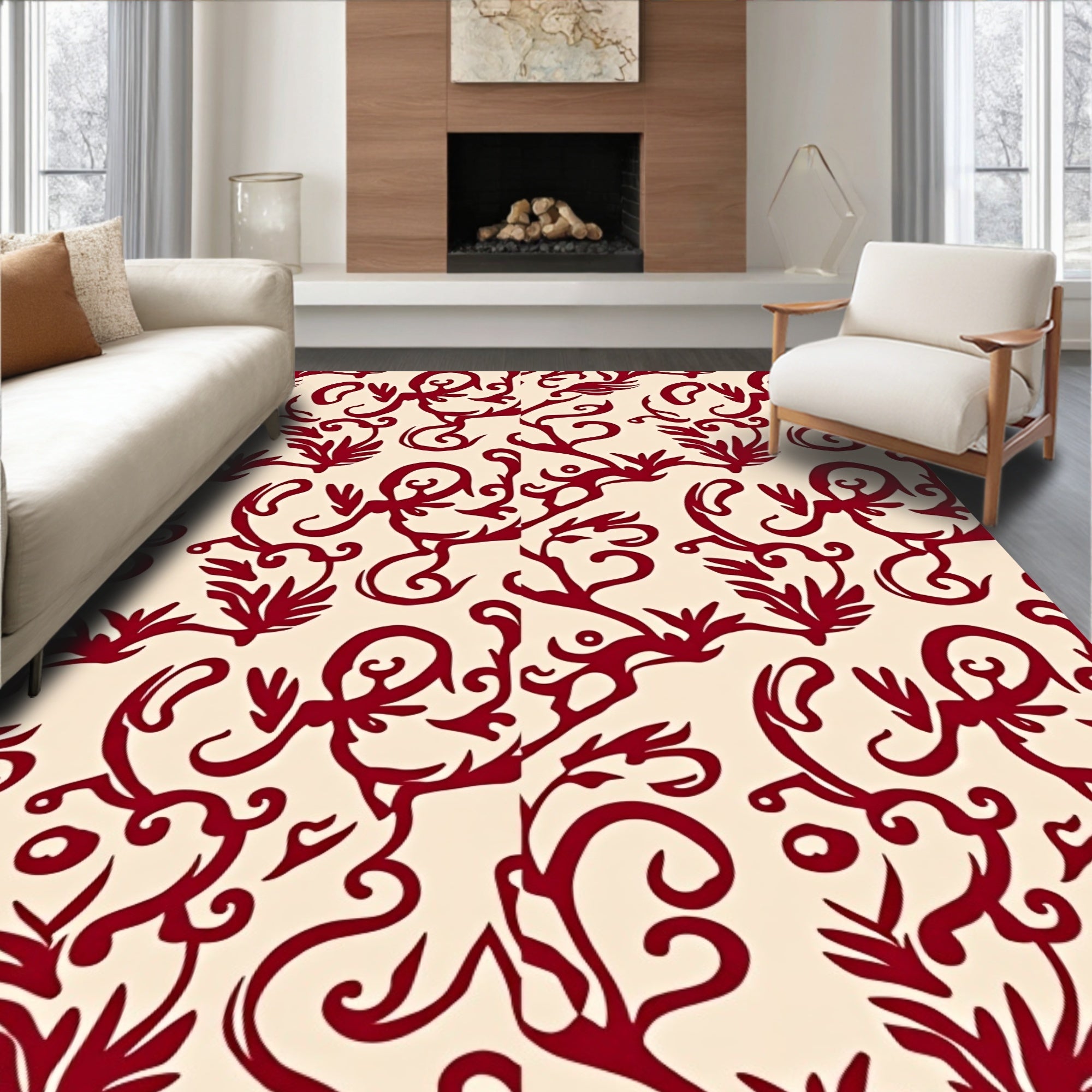 Crimson Swirl and Leaf Scroll Rug