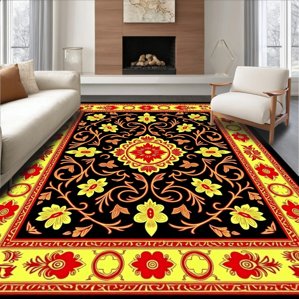 Vibrant Yellow Red Floral Medallion Garden Rug