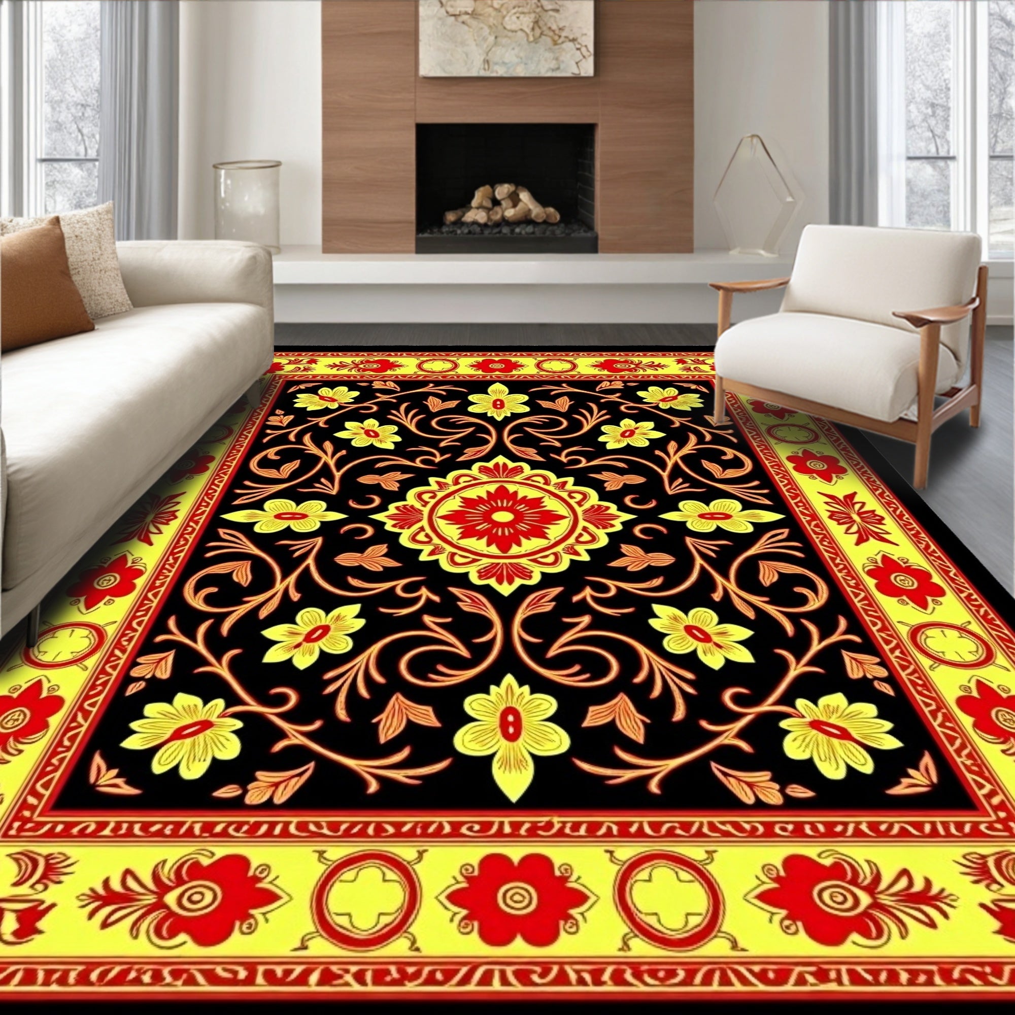 Vibrant Yellow Red Floral Medallion Garden Rug