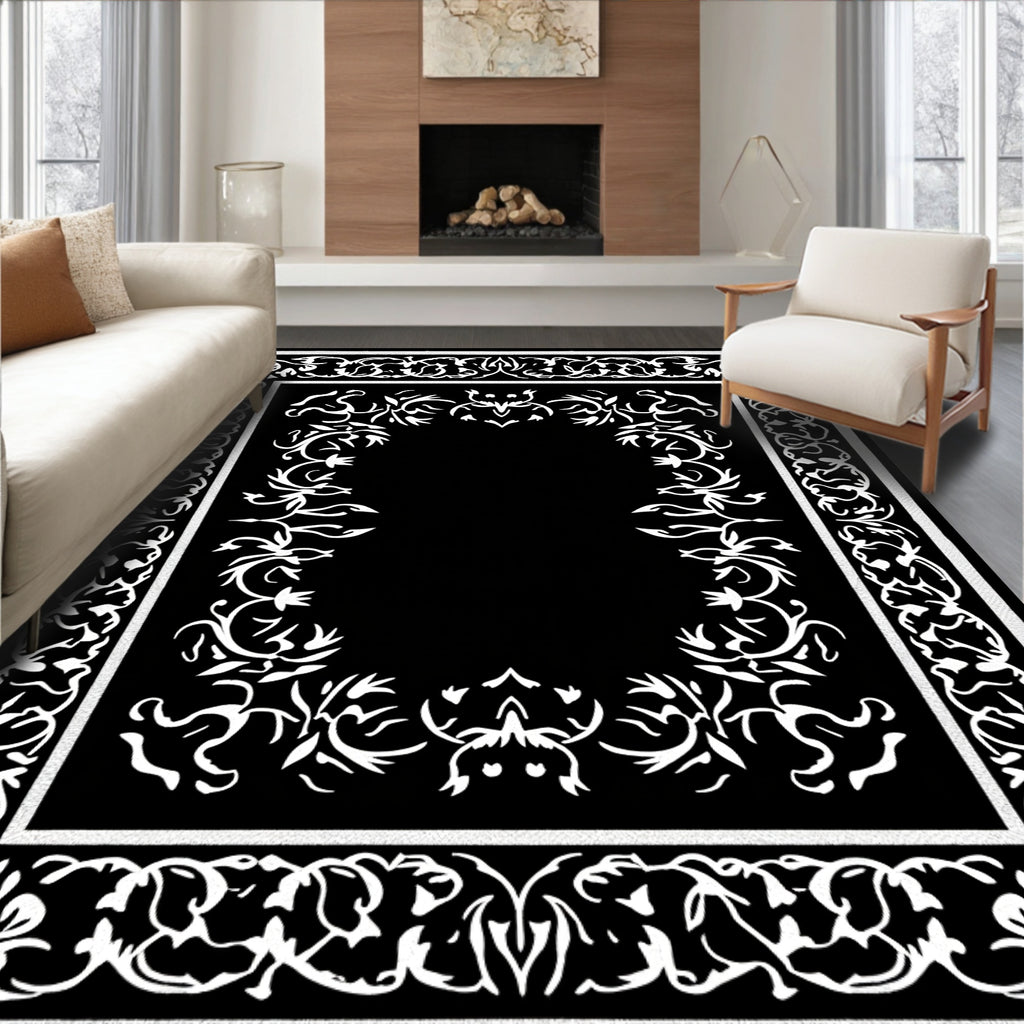Classic Black White Floral Frame Rug
