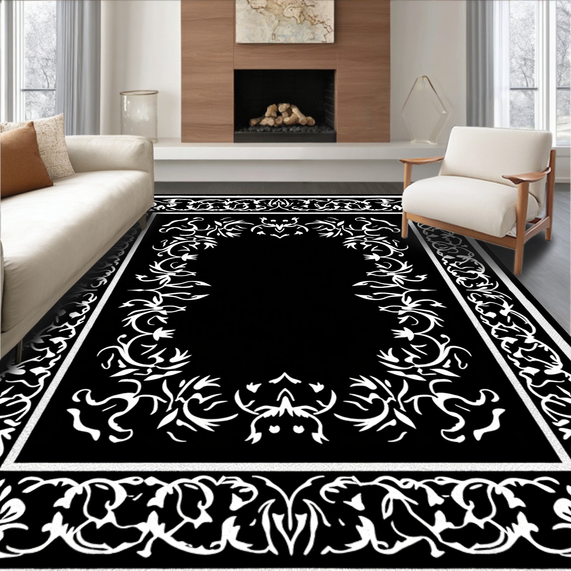 Classic Black White Floral Frame Rug