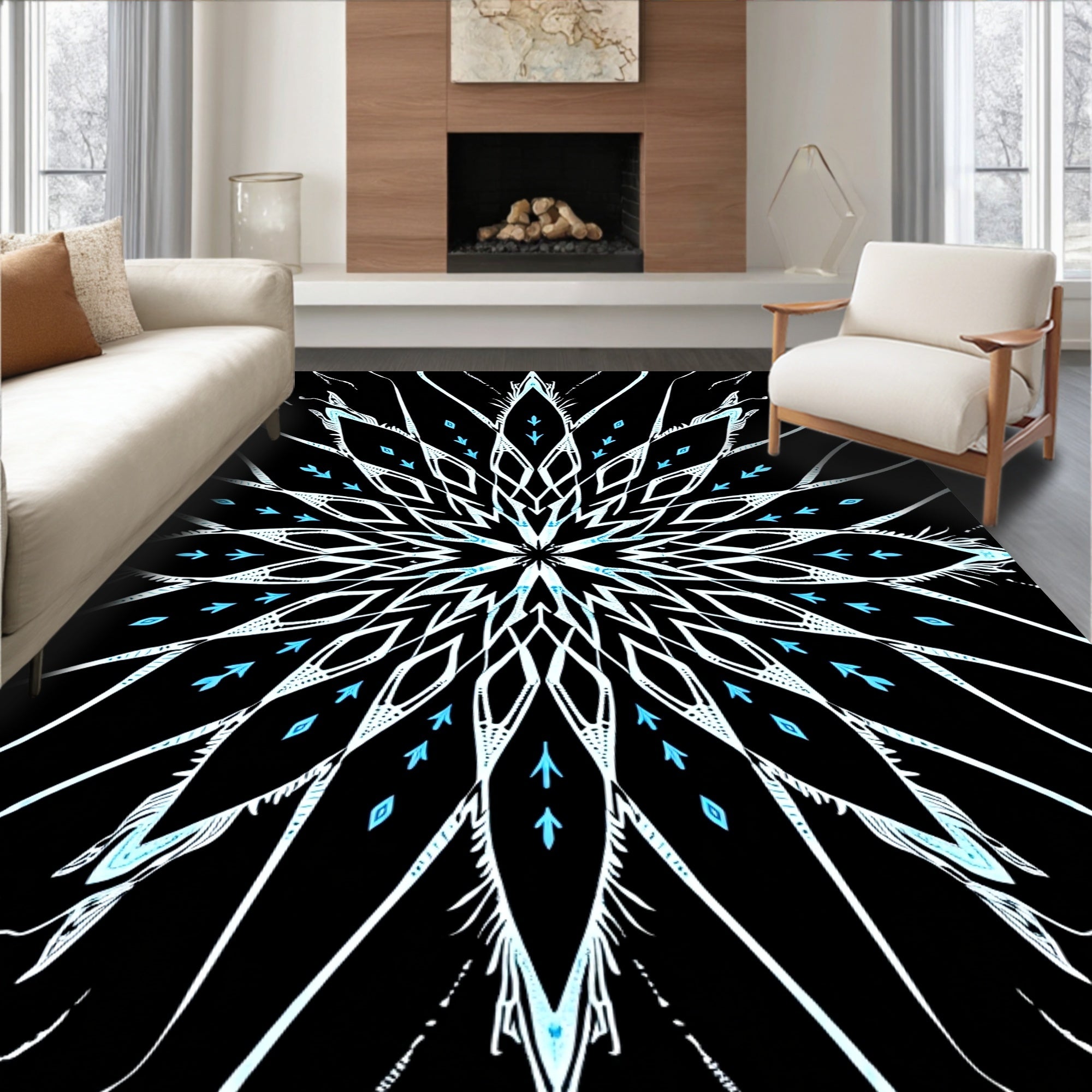 Black White Ice Snowflake Mandala Rug