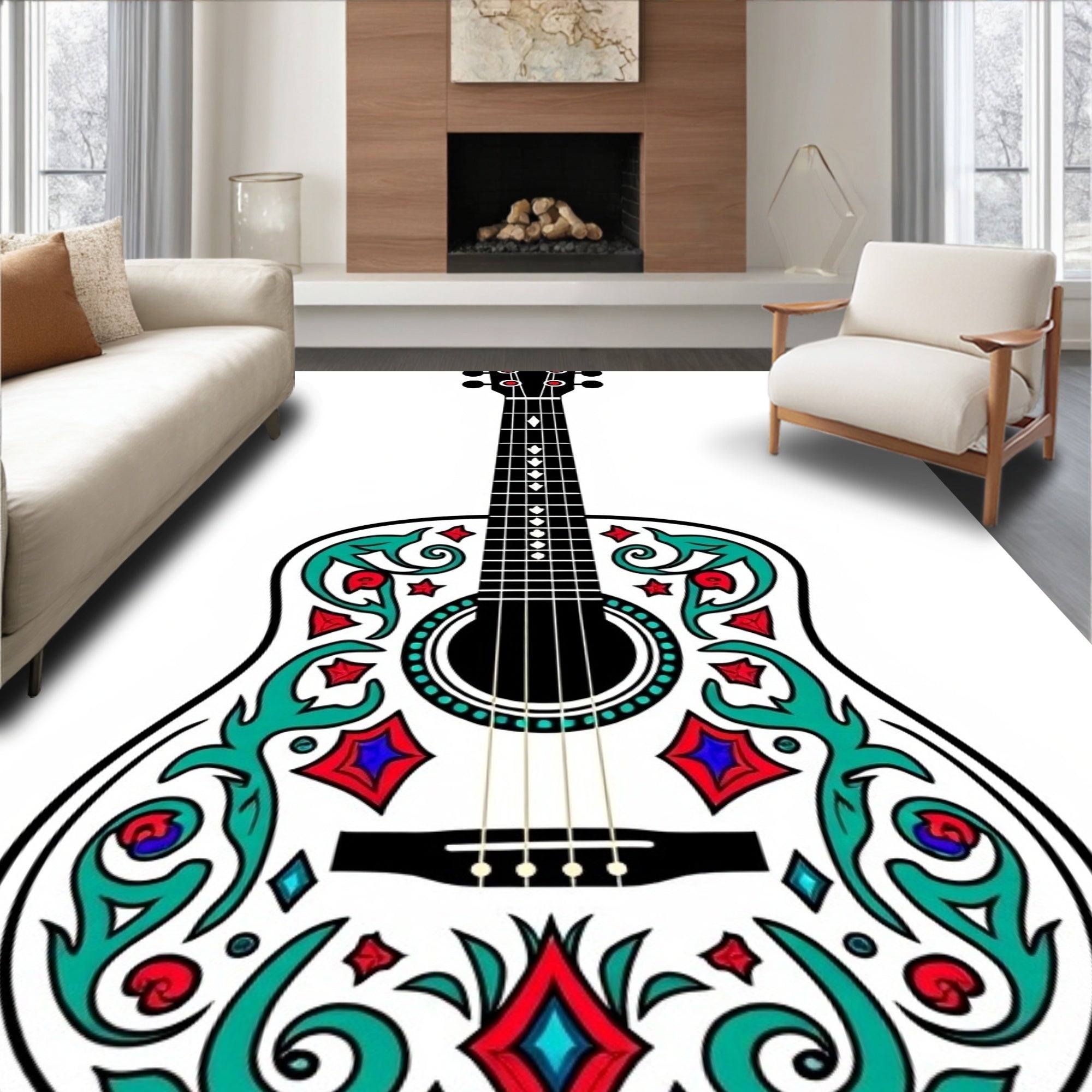 Whimsical Teal Red Diamond Guitar Rug