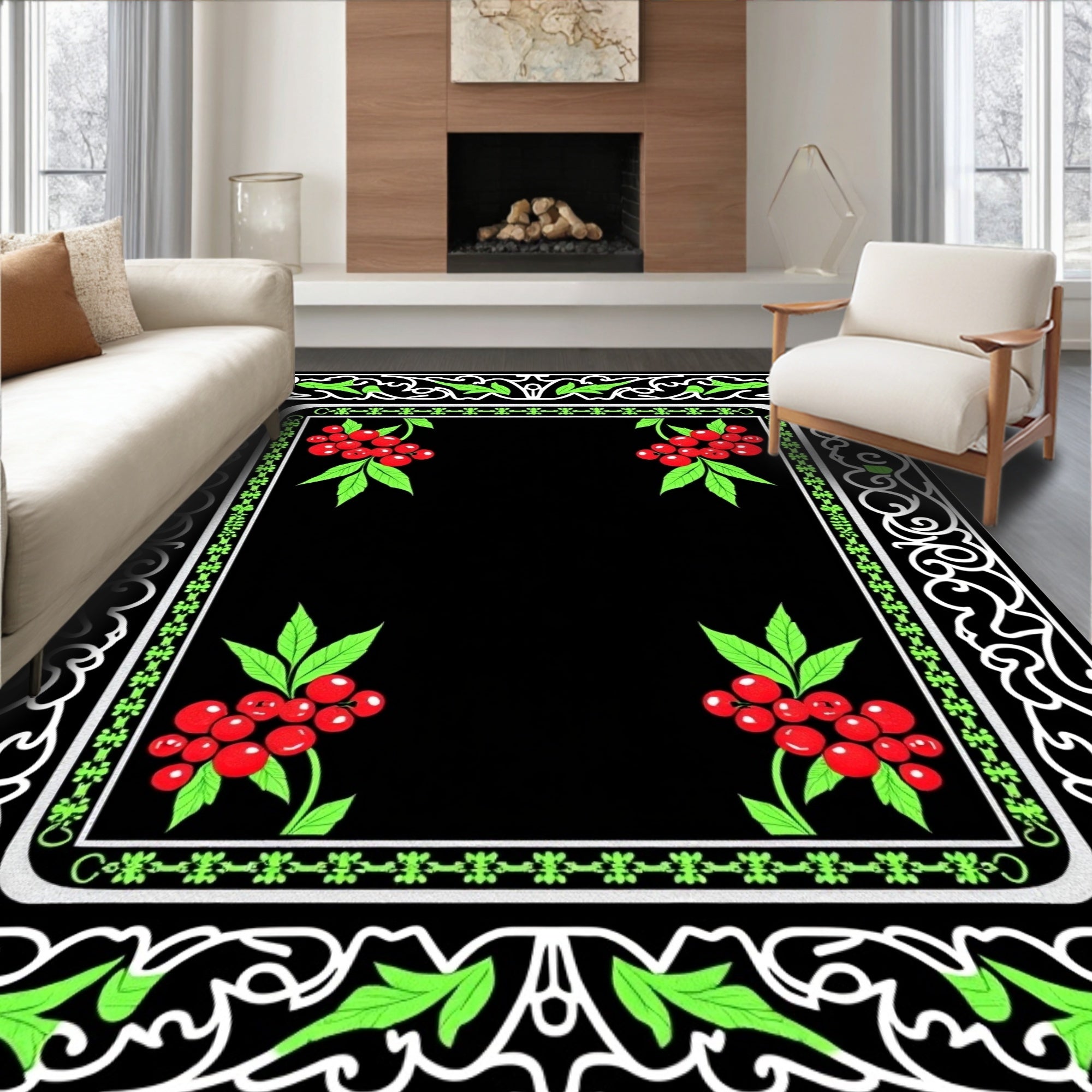 Red Berry Black Corner Garden Frame Rug