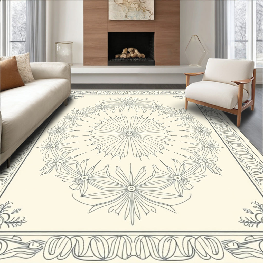 Cream and Gray Floral Medallion Outline Rug