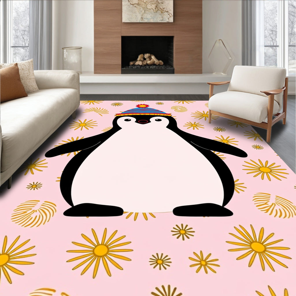 Pink Yellow Starry Penguin Hat Rug