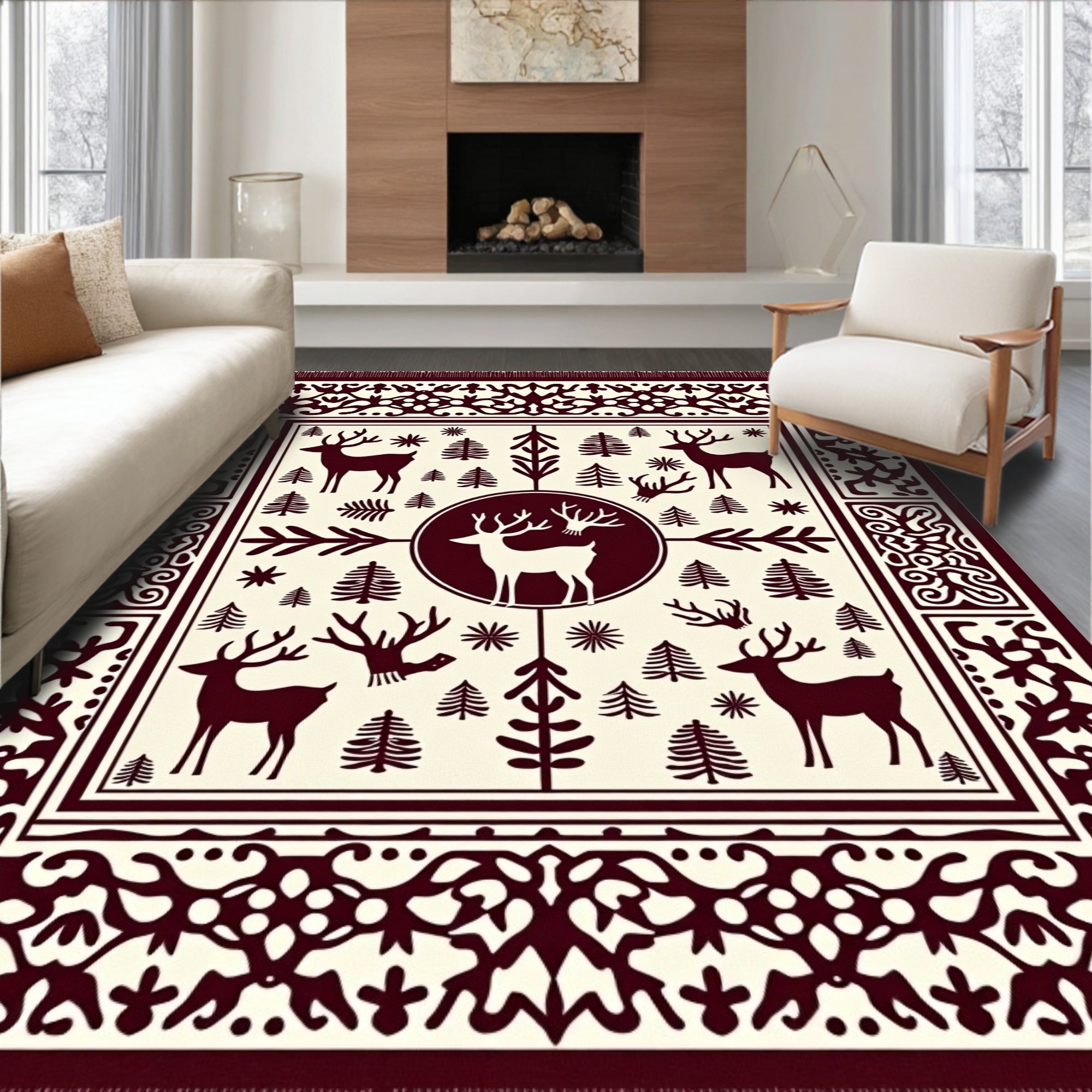 Crimson Deer Forest Square Rug