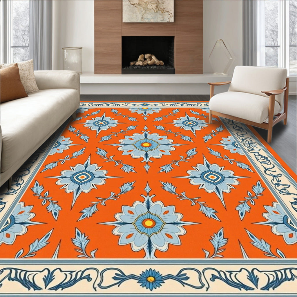 Ornate Blue White Floral Orange Border Rug