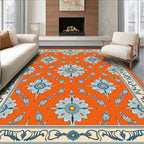 Ornate Blue White Floral Orange Border Rug