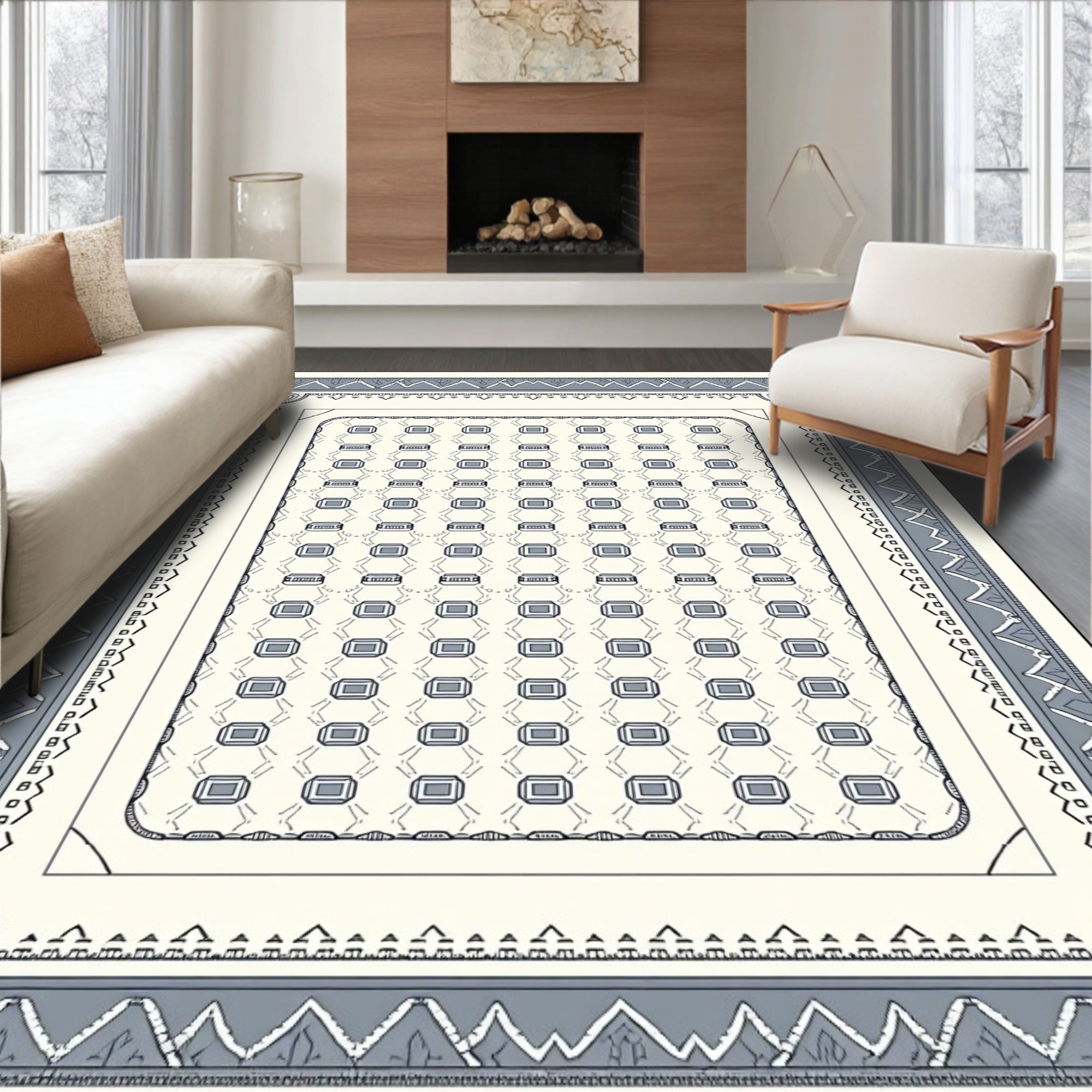 Gray Rectangular Jewel Tribal Border Rug