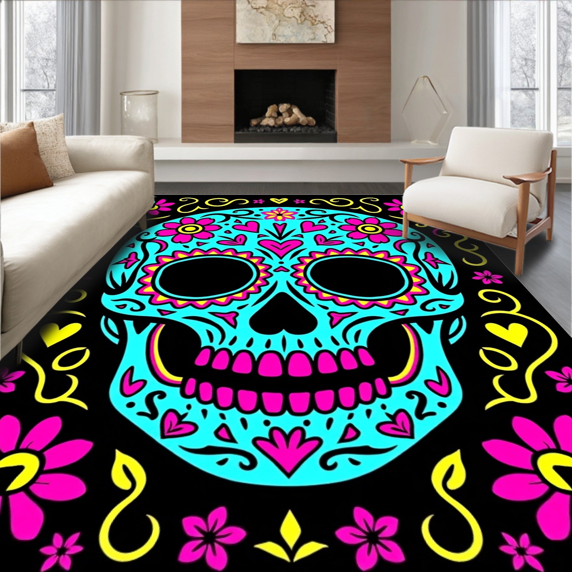 Vibrant Teal Sugar Skull Floral Rug