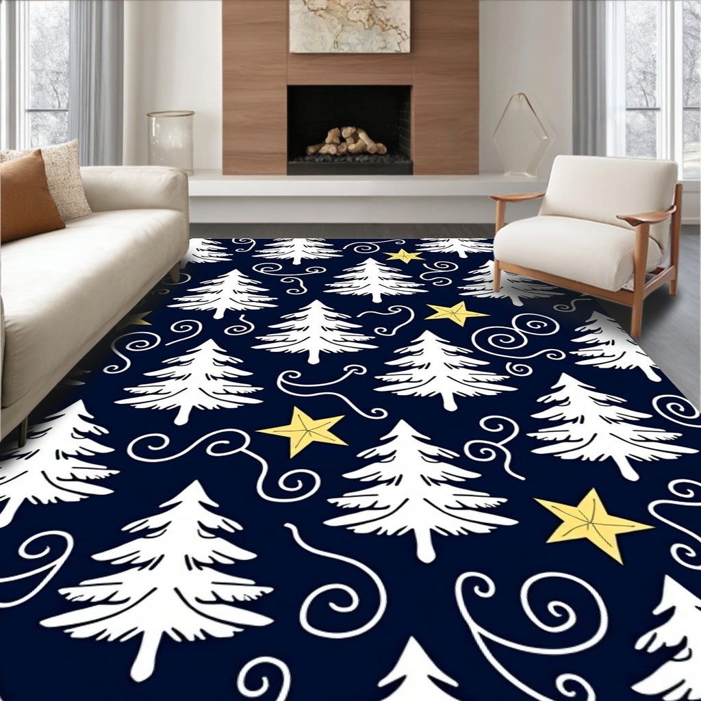 White Pine Trees Yellow Stars Navy Rug