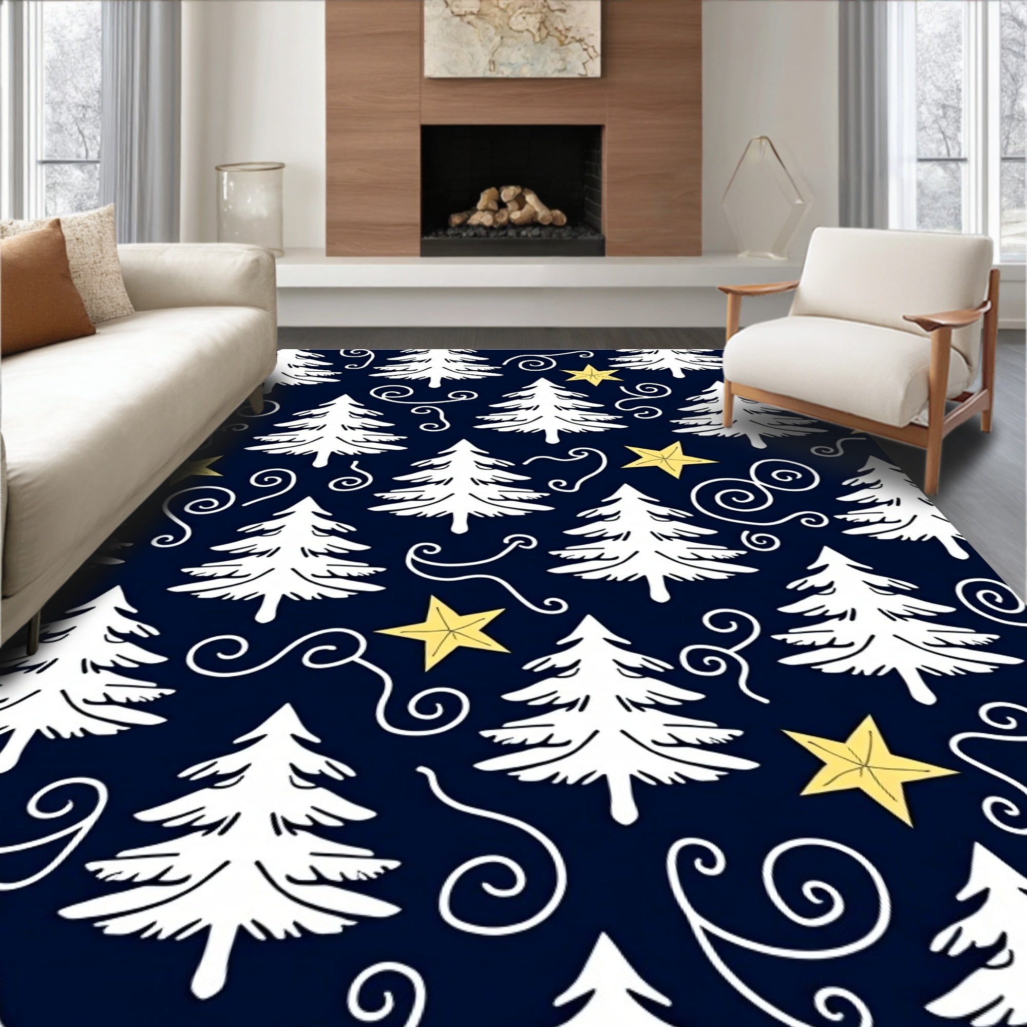 White Pine Trees Yellow Stars Navy Rug