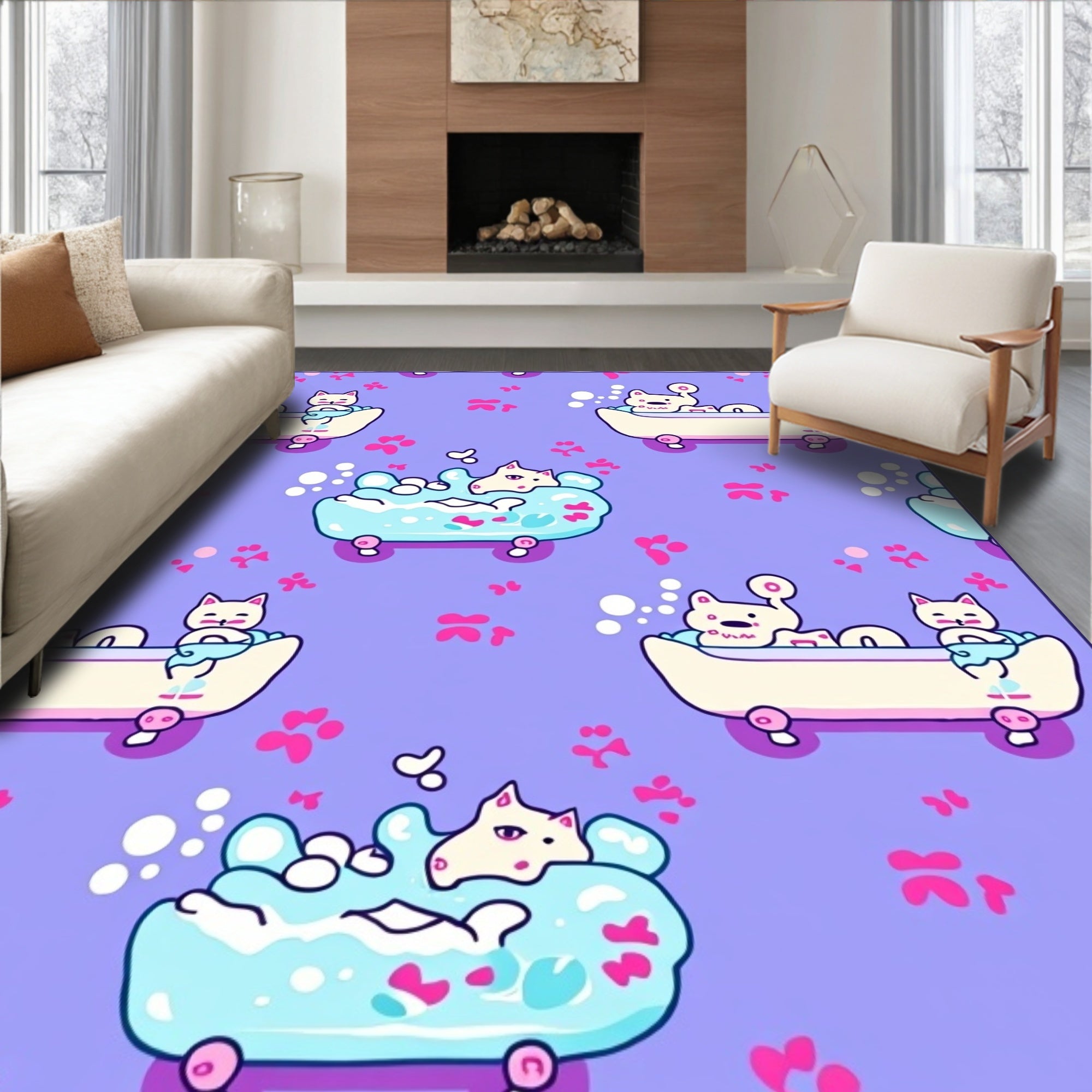 Cute bath time cats with paw prints Rug