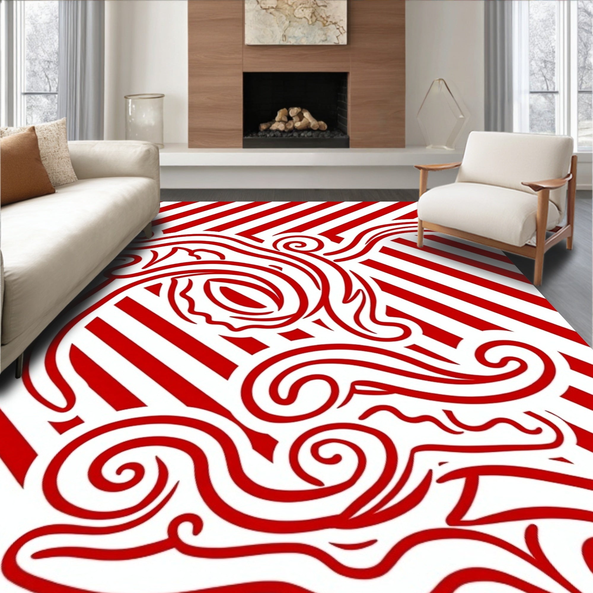 Bold Red Swirl Stripe Abstract Rug