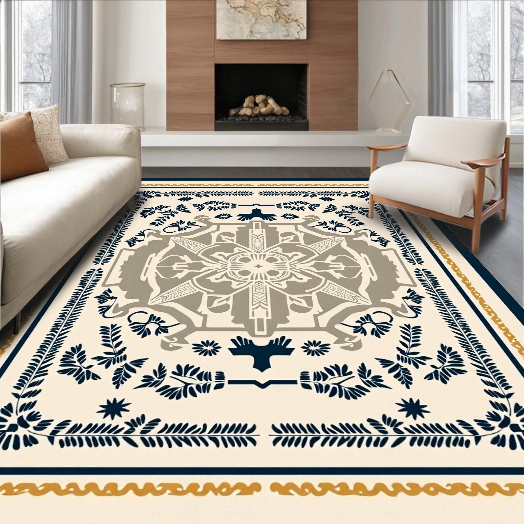 Navy Blue Botanical Medallion Rug