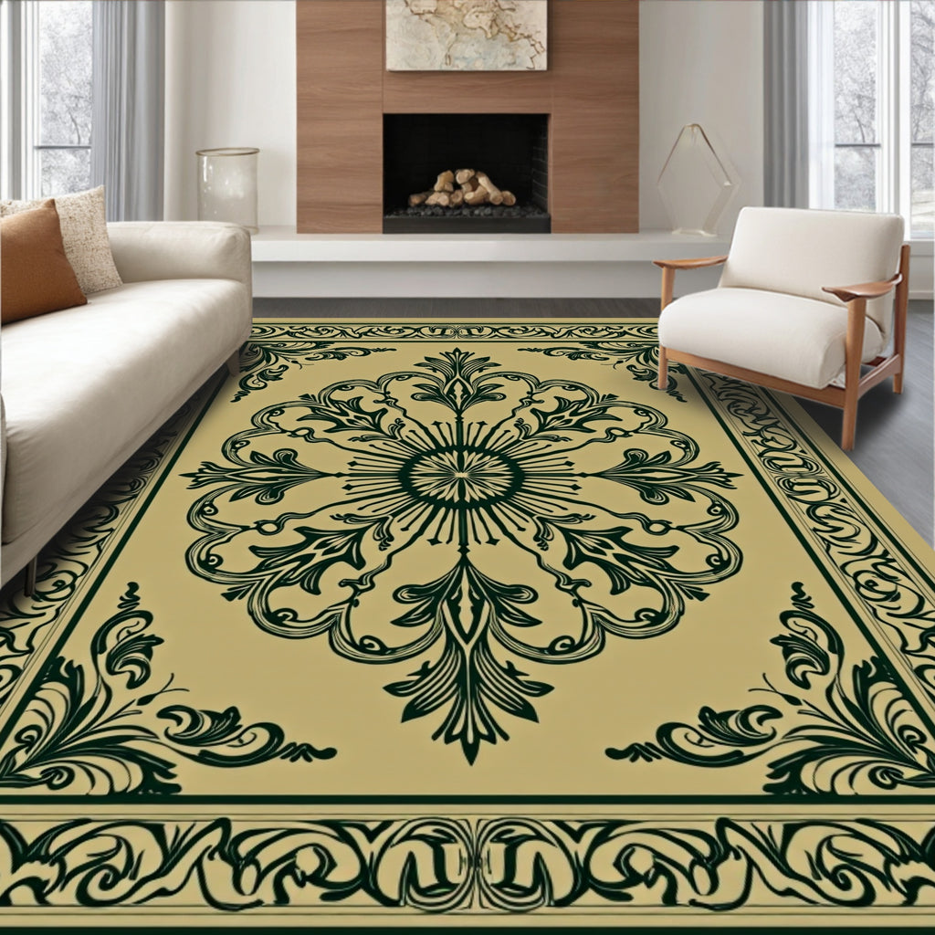 Antique Gold Dark Green Ornate Medallion Rug