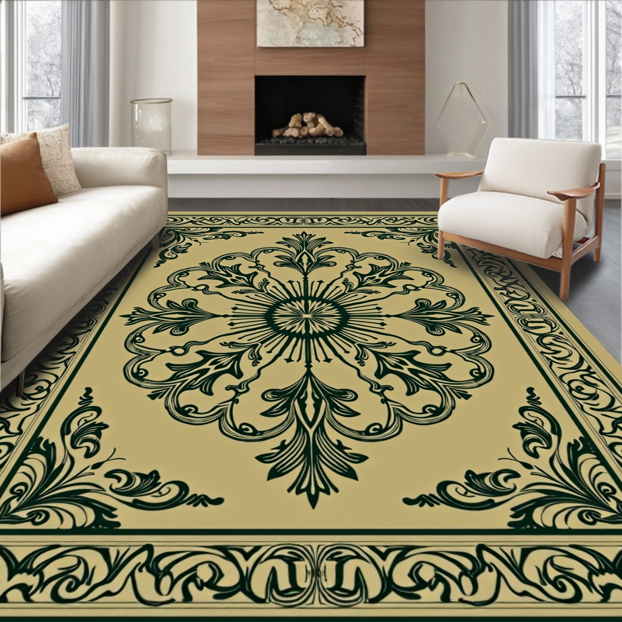 Antique Gold Dark Green Ornate Medallion Rug