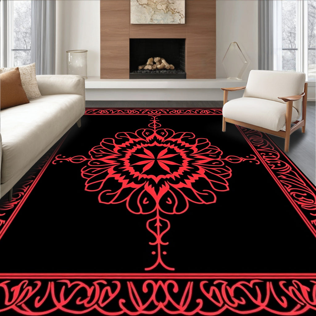 Crimson Floral Medallion Mandala Border Rug