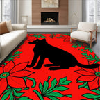 Black Cat Red Floral Garden Rug