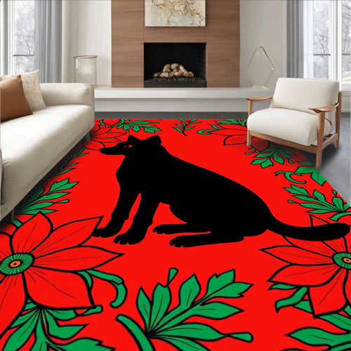 Black Cat Red Floral Garden Rug