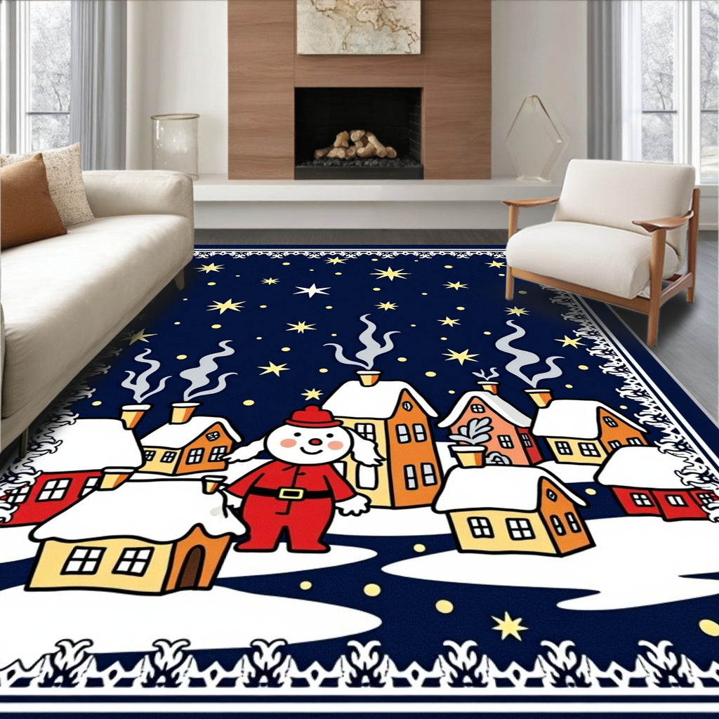 Charming Snowman Festive Village Night Sky Rug