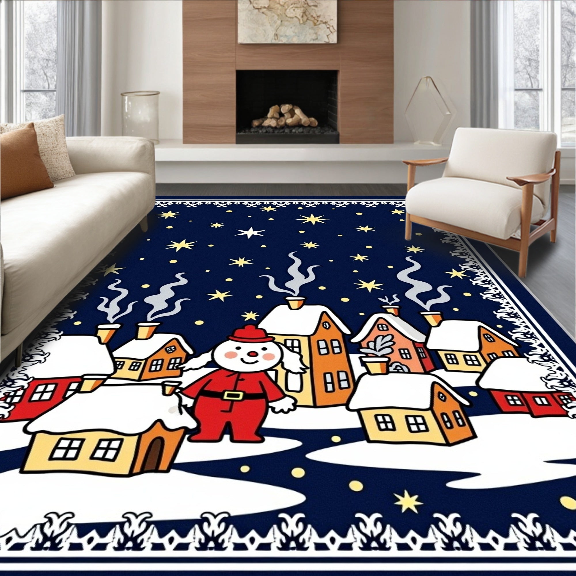 Charming Snowman Festive Village Night Sky Rug