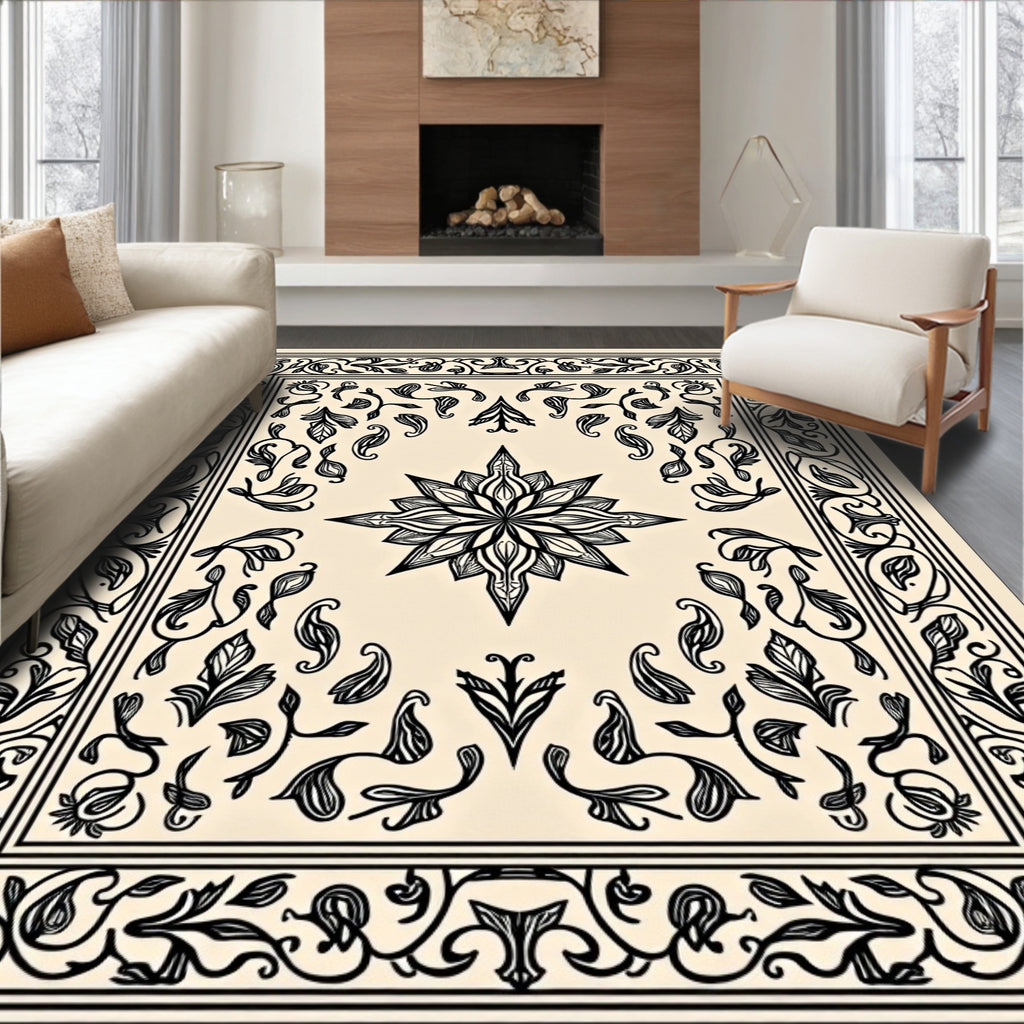 Elegant Black and Cream Floral Outline Rug
