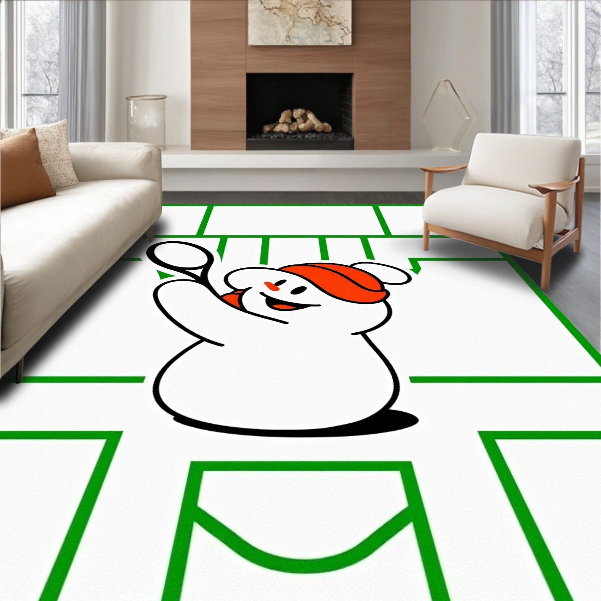 Playful White Ghost Tennis Action Rug