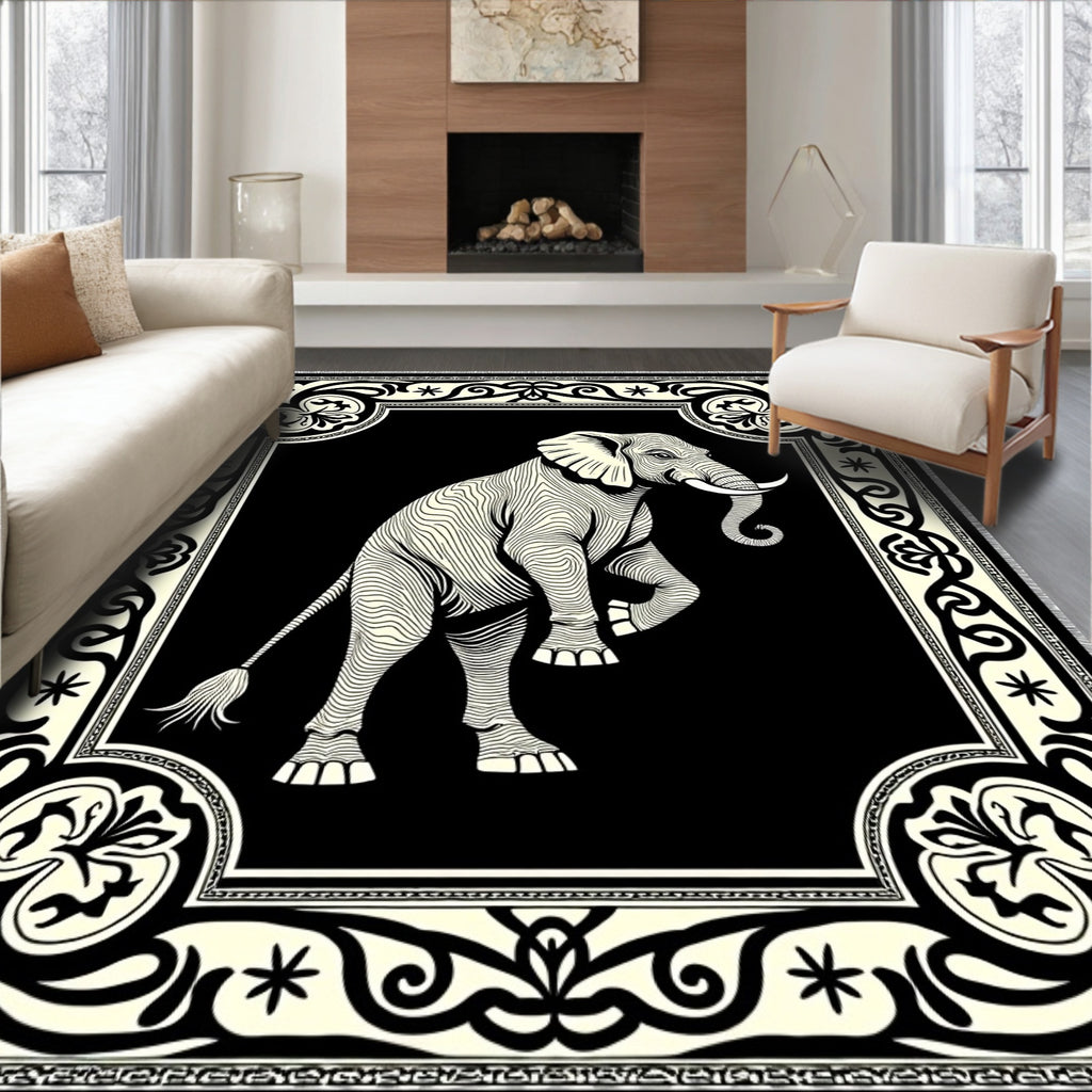 Bold Black Elephant Cream Border Rug