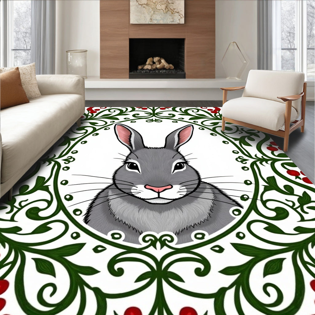 Gray Rabbit With Red Berry Garland Rug