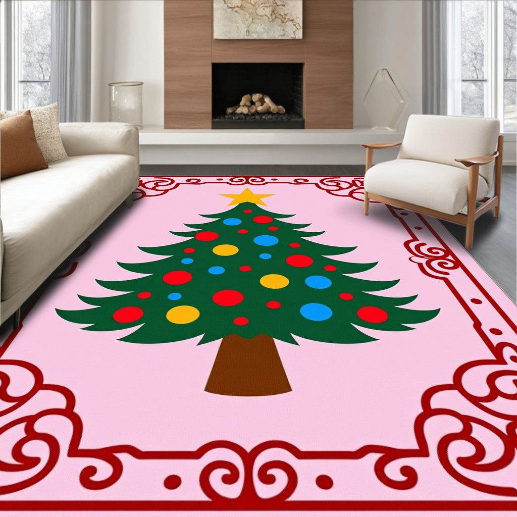 Festive Evergreen Tree Circles Border Rug