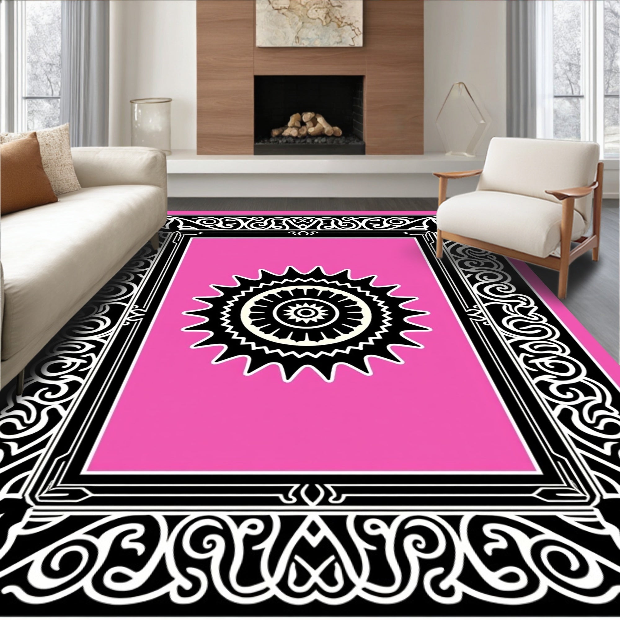 Pink Sunburst Medallion Ornate Frame Rug
