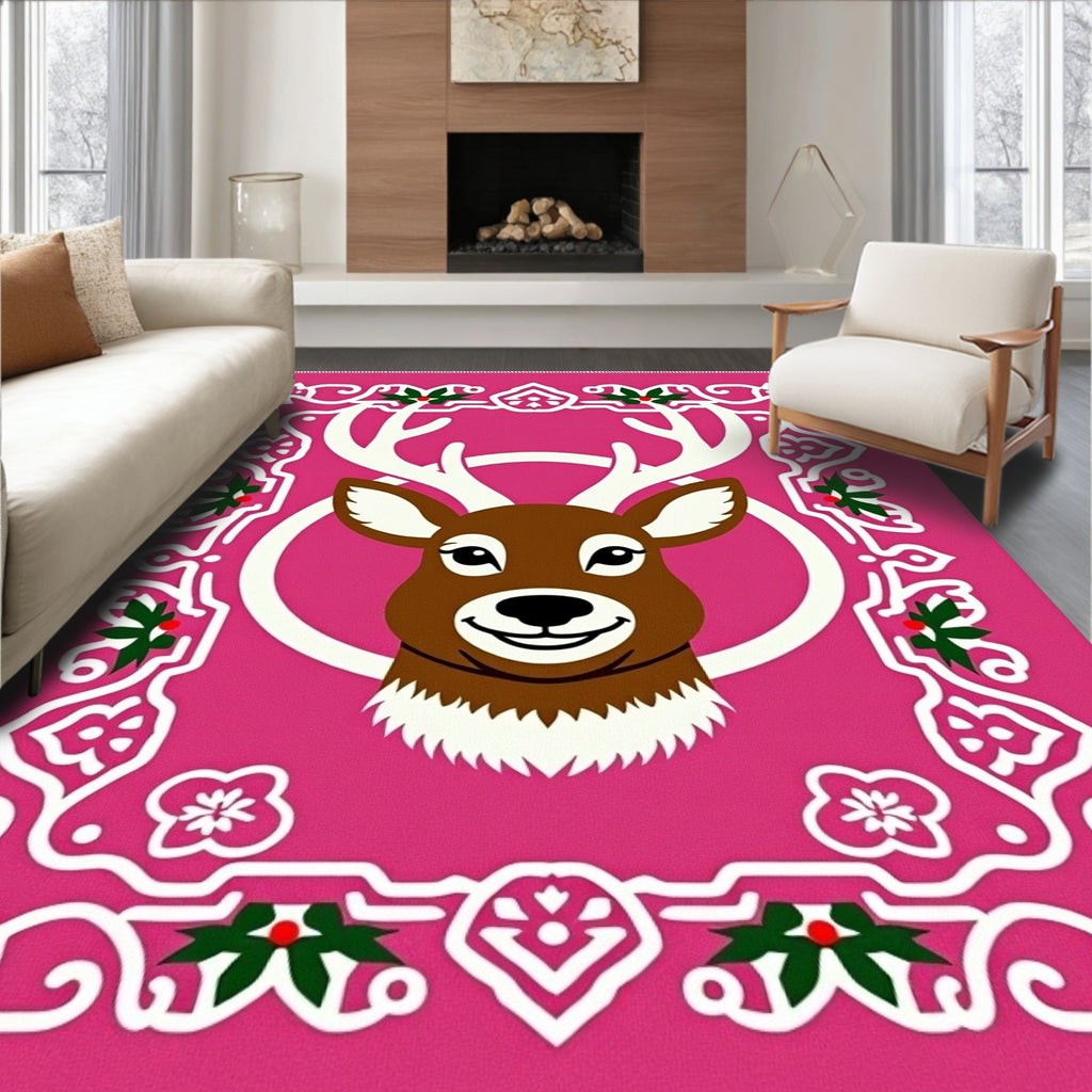 Whimsical Pink Deer Holly Border Rug