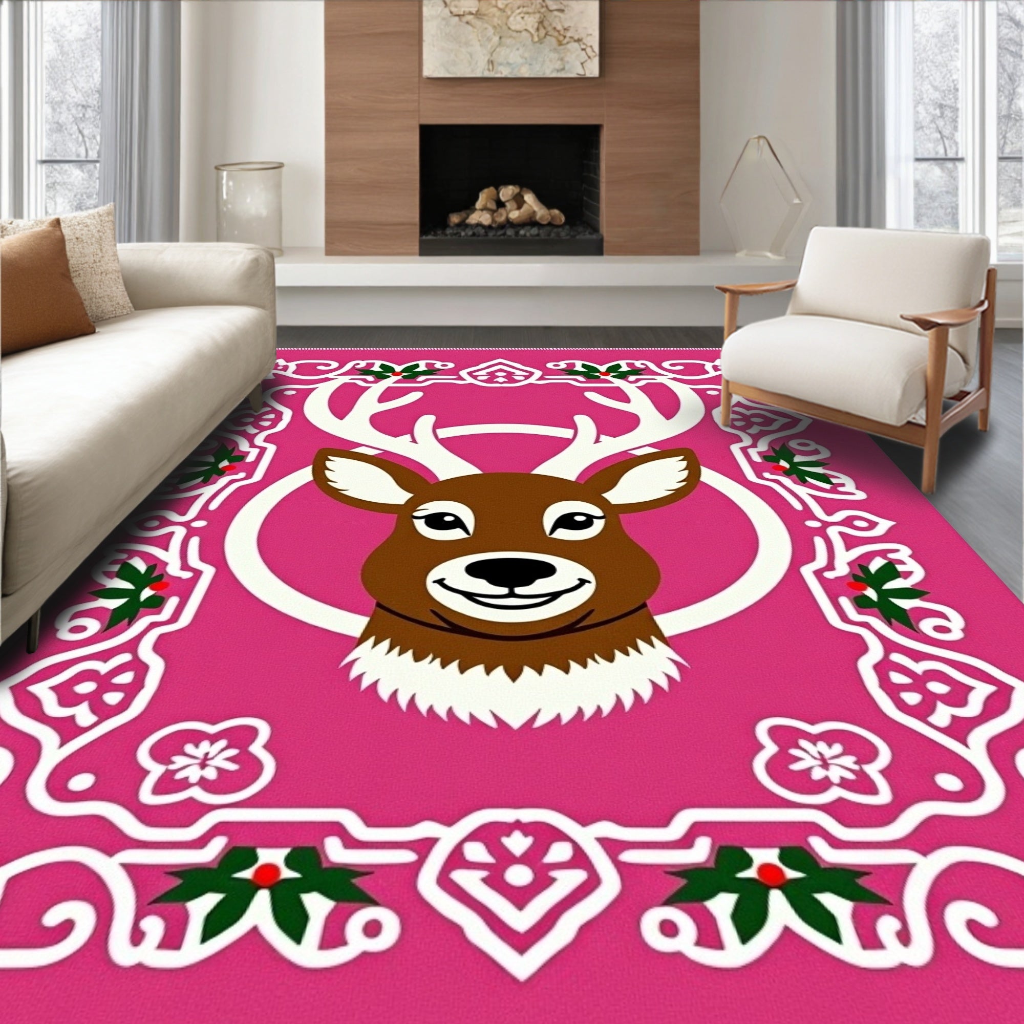 Whimsical Pink Deer Holly Border Rug