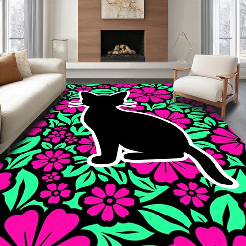 Black Cat Pink Floral Garden Rug