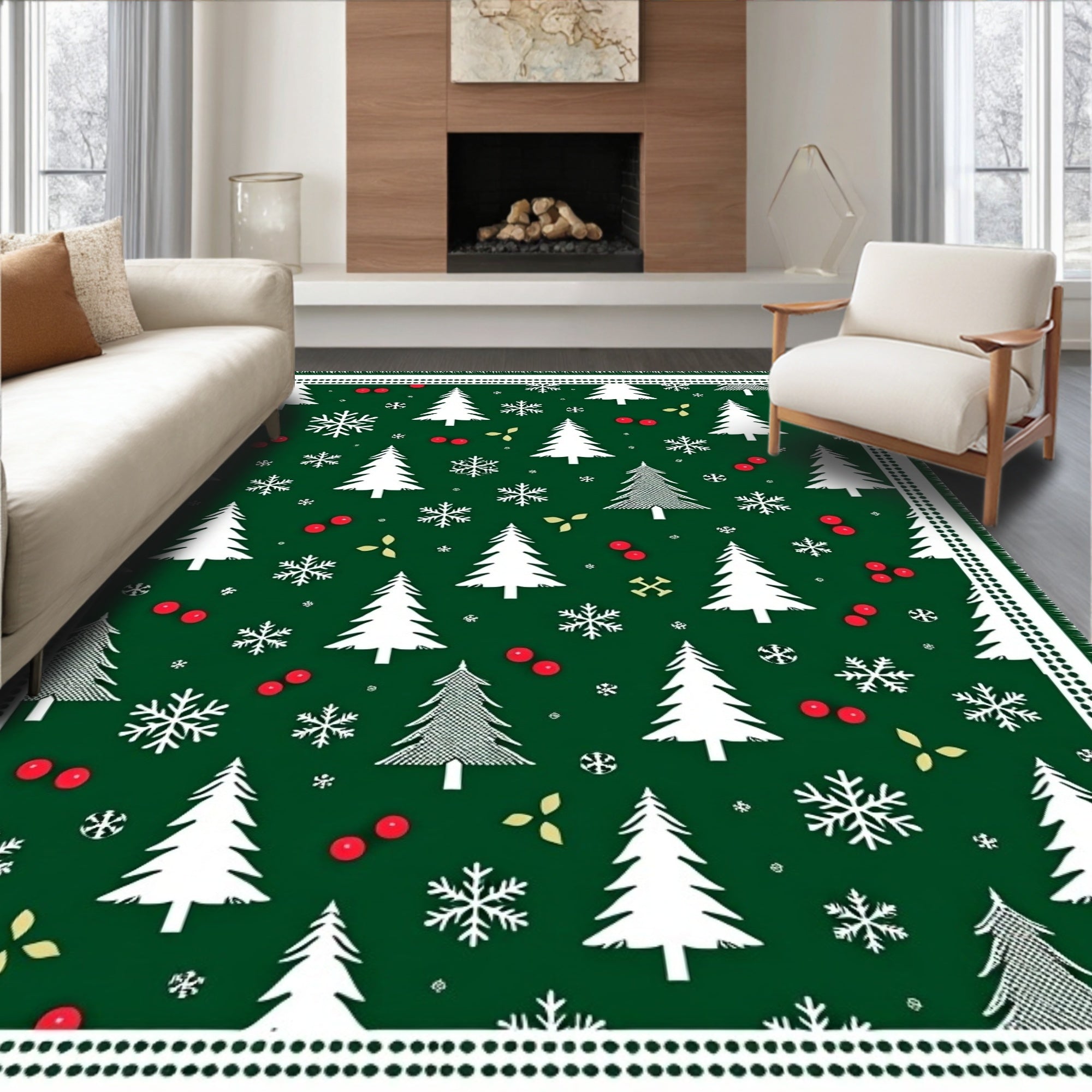 Festive Evergreen Woodland Snow Circle Rug