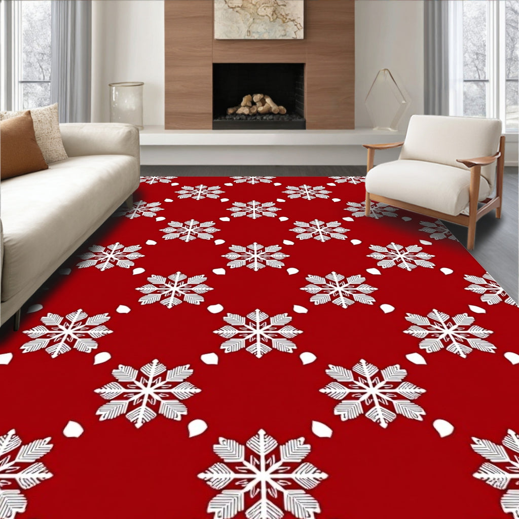 Festive White Snowflake Red Pattern Rug